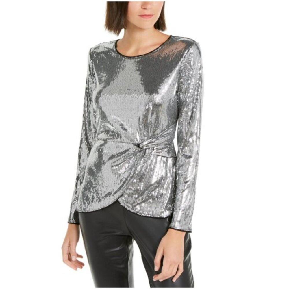NWT INC Silver Sequin Knot Front Long Sleeve Faux Wrap Blouse Top XS